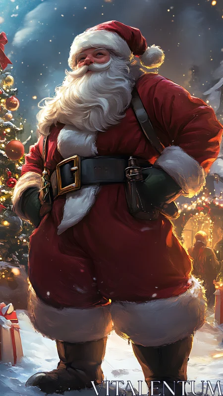 Digital Santa Claus standing in snowy Christmas village.