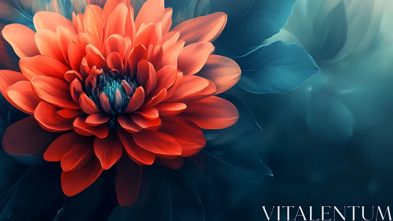 Digital painting of coral dahlia with teal bokeh field.
