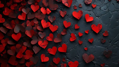 Red Hearts Scattered on Dark Textured Surface