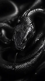 Glossy black serpent coils in dramatic monochrome light.