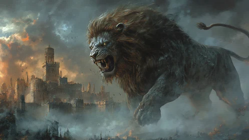 Epic fantasy colossus lion above storm-wreathed ruined citadel.