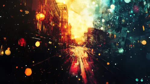 Twilight boulevard melting into ember and electric stardust.