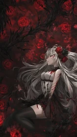 Female figure lies among red roses and dark thorn vines
