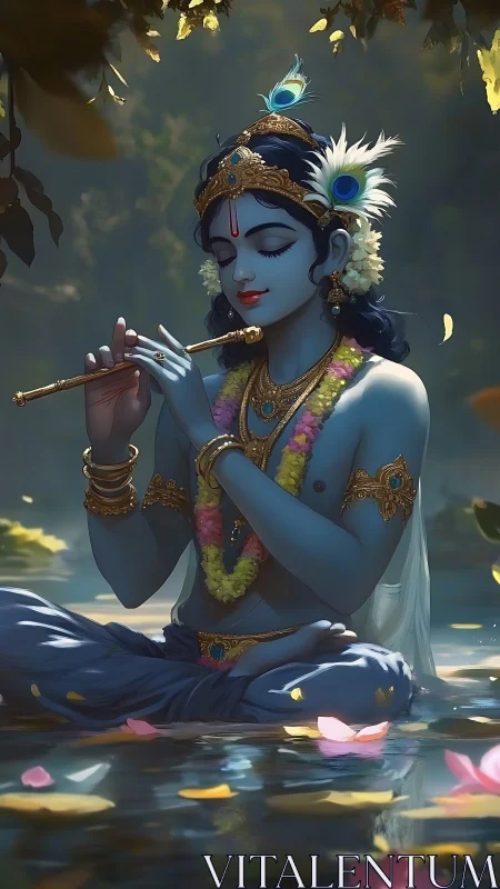 Serene blue deity playing flute amid reflective lotus water surface