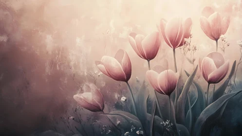 Pink tulips against soft hazy background with muted tones