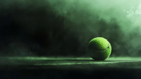 Lone neon tennis ball resting in moody emerald court mist.