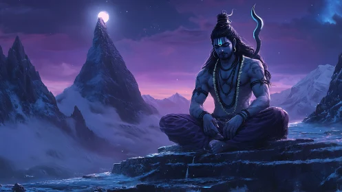 Meditative deity on icy Himalayan peaks at lunar dusk.