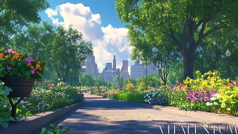 Sunlit city park path with lush spring flower borders.