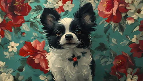 Floral guardian pup sits crowned by painted crimson blooms