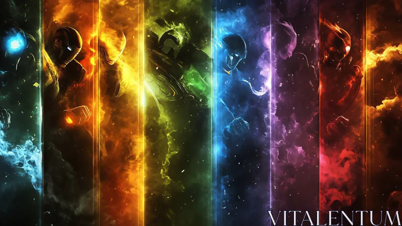 Elemental armored warriors stride through prismatic cosmic flames.