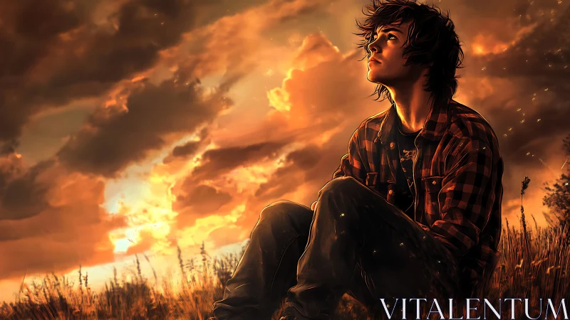 Contemplative youth in sunset field rendered in warm digital painting