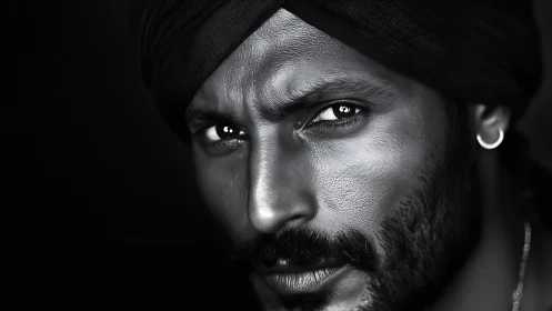 Monochrome close-up portrait with intense directional gaze.