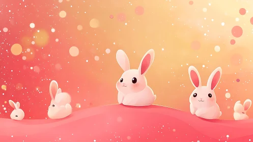 Cartoon rabbits on pink hill with warm gradient background.