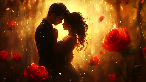 Golden Whispers: Where Passion Ignites in Rain and Crimson Roses