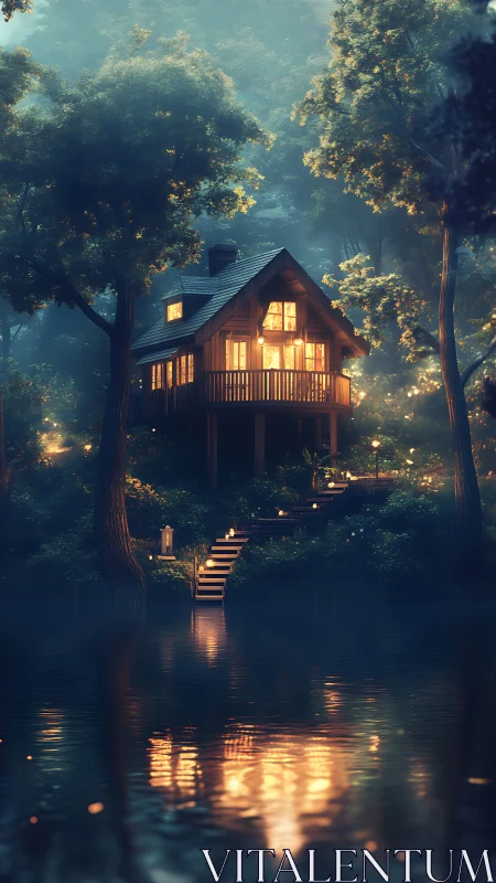 Enchanting lakefront cabin glows warmly in misty forest night.