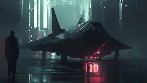 Midnight hangar meeting with a sleek neon stealth craft.