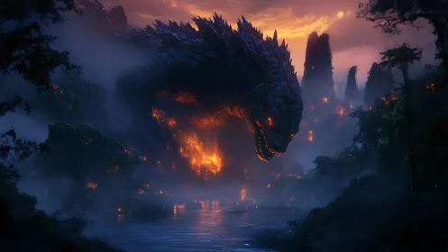Colossal fire-lit dragon descends upon a misty jungle valley