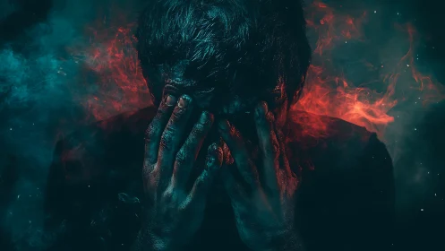 Shrouded figure holds head as fiery smoke engulfs silhouette