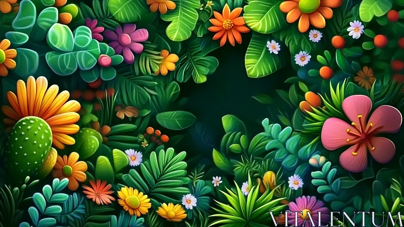 Vibrant botanical composition with layered flowers and succulent plants.