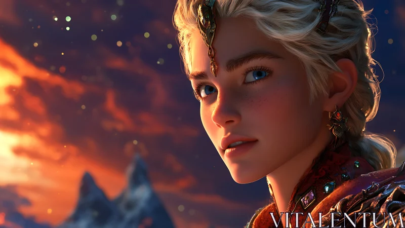 Sunset-eyed young heroine watching distant ember skies.