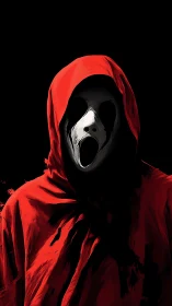 Hooded spectral figure with screaming mask emerges from black
