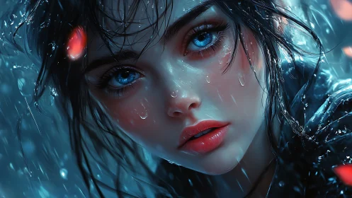 Blue-eyed woman in rain with hyperreal digital detail.