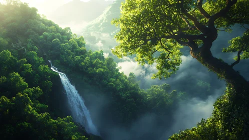 Verdant Canyon Cascade: Cascading Waterfall Through Lush Forest Canopy.