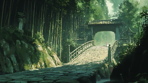 Stone bridge leads to tranquil bamboo forest gate at dawn.