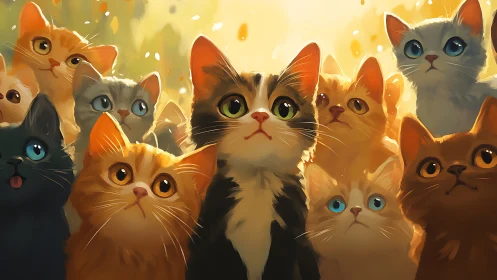 Expressive Cat Group Illuminated in Warm Golden Light.