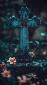 Photorealistic weathered cross with floral cemetery foreground.