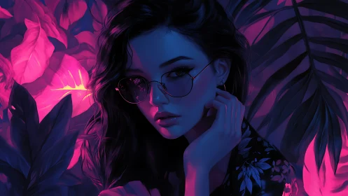 Neon jungle portrait casts cool cyan and magenta glow.