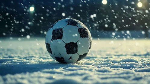 Soccer ball rests on snowy field under falling winter snow.