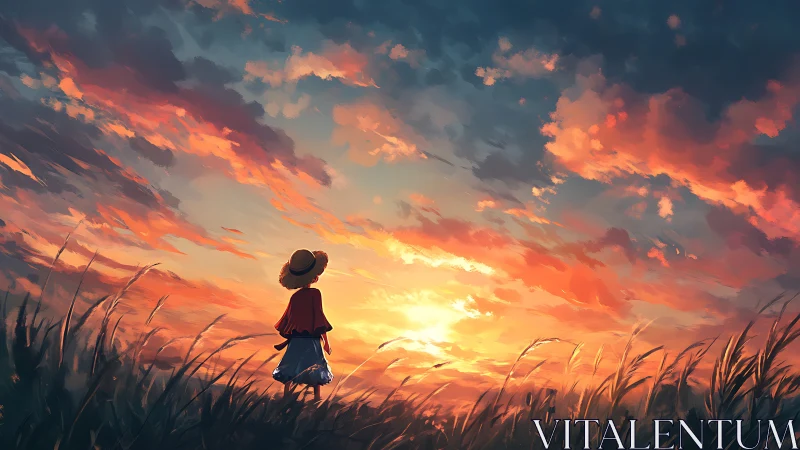 Child watches vivid sunset sky from tall grassy field