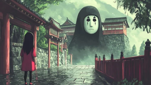 Mist-veiled spirit encounter along crimson shrine path.