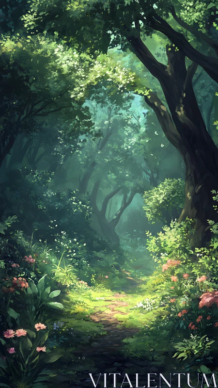 Enchanted Forest Path Where Sunlight Dances Through Ancient Trees