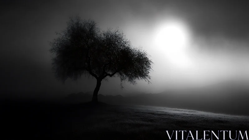 Solitary shadow tree drinking moonlight in silver fog.