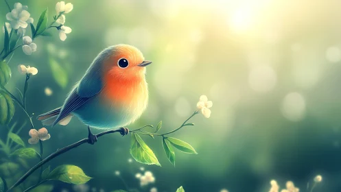 Vibrant Robin on Branch in Dreamy Digital Art Style.