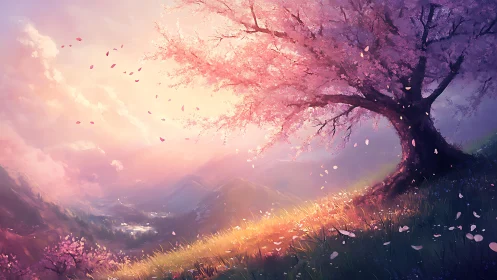 Soft sunrise under drifting cherry blossoms on a hilltop.