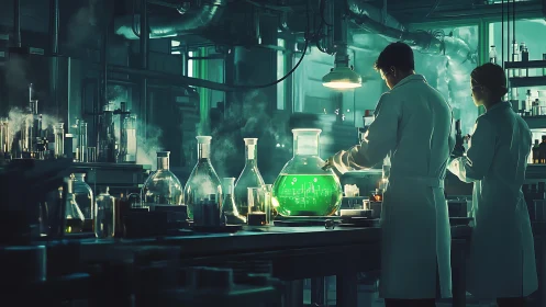 Futuristic laboratory with scientists and luminous reactor vessel.