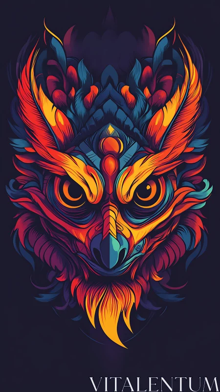 Symmetrical stylized owl head uses layered neon gradients