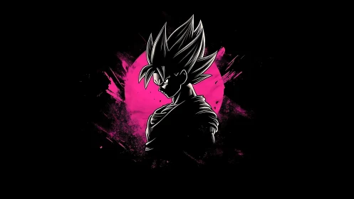 Silhouetted spiky-haired figure stands before pink circular field