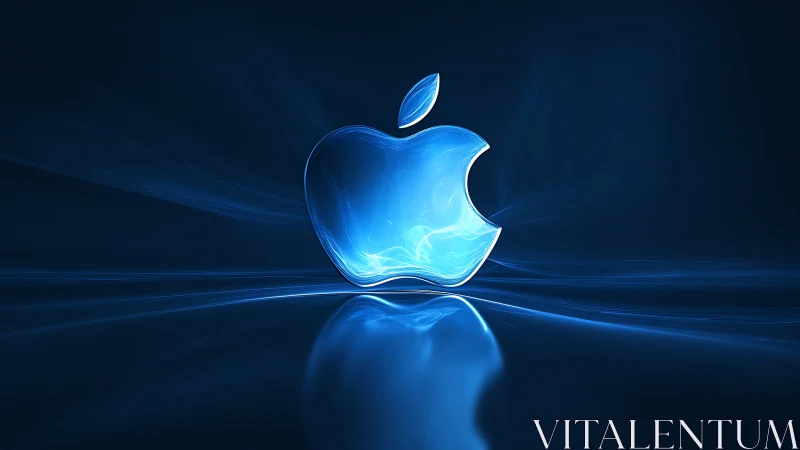 Glowing blue apple logo floats over reflective dark surface.