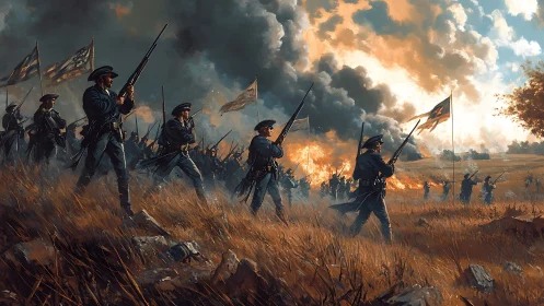 Infantry column advances across burning field under dense battle smoke