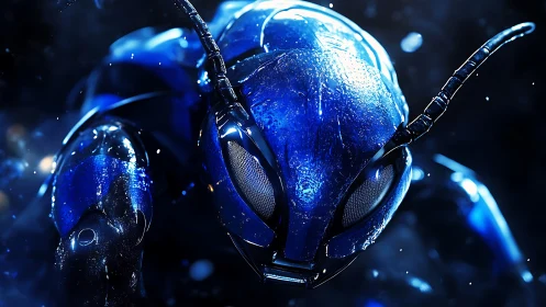 Macro render of wet metallic cybernetic ant with specular bloom