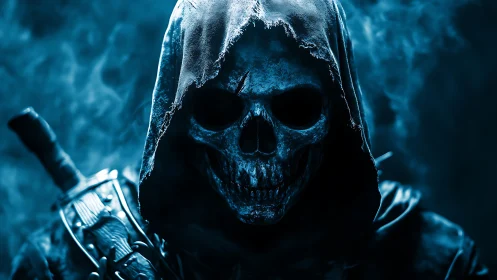 Hooded skeletal warrior with sword in blue smoke.