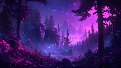 Neon-Lit Nocturnal Forest with Magenta Aurora Glow and Crystalline Peak Formations