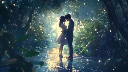 Two lovers embrace where magical rain falls through emerald tunnels of light