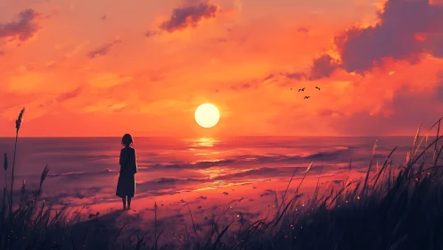 Solitary figure contemplates a blazing pastel sunset seascape.