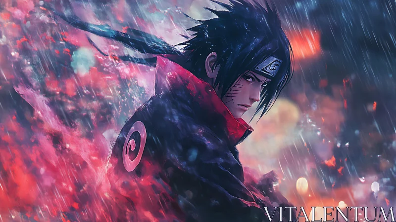 Stormlit shinobi in crimson haze of rain and memory.