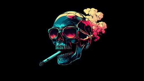 Electric neon skull in shades enjoys a rebellious smoke